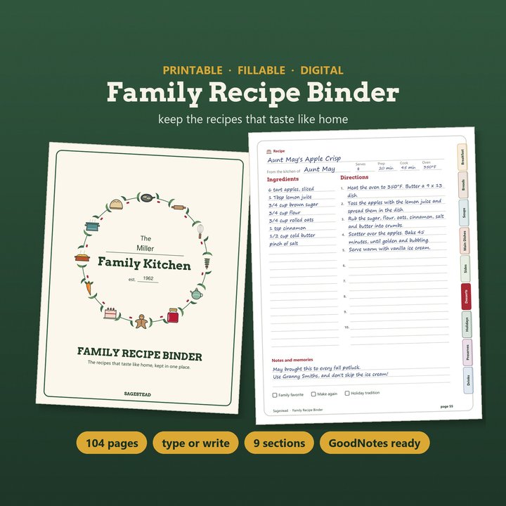 The Family Recipe Binder: a wreath cover for the family name beside a handwritten apple crisp recipe page