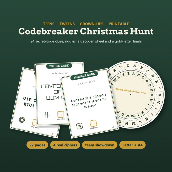 Codebreaker Christmas hunt clue cards in pigpen and number codes with a decoder wheel