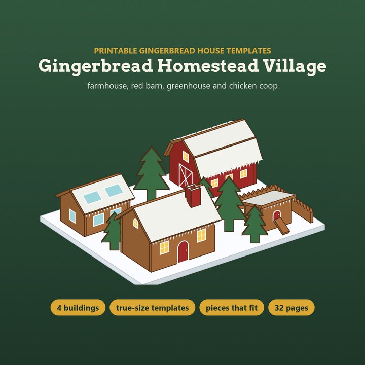 A decorated gingerbread village of a farmhouse, a red barn, a greenhouse and a chicken coop on a snowy board