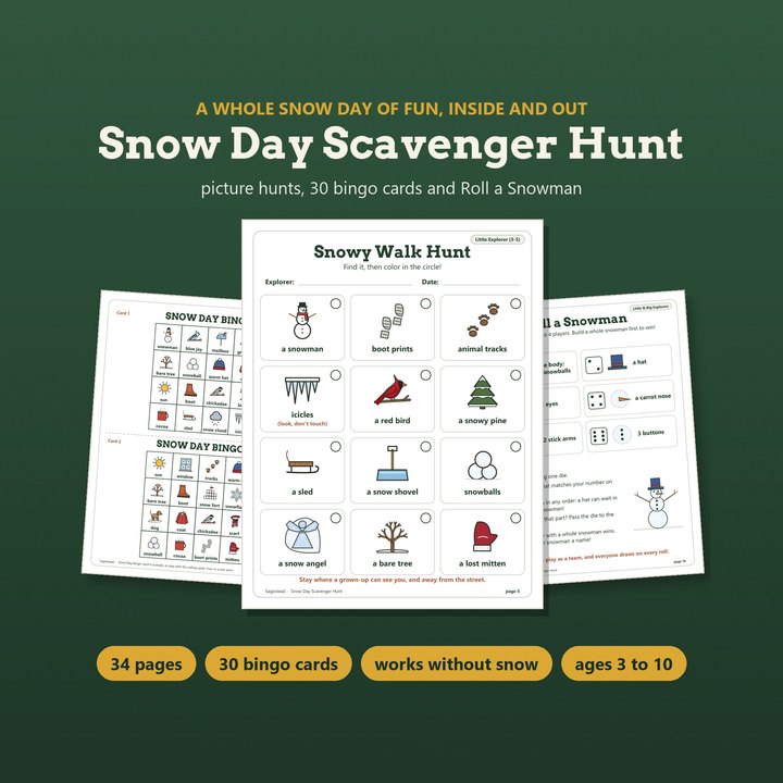 Snow day scavenger hunt with a snowy walk hunt, snow day bingo cards and Roll a Snowman
