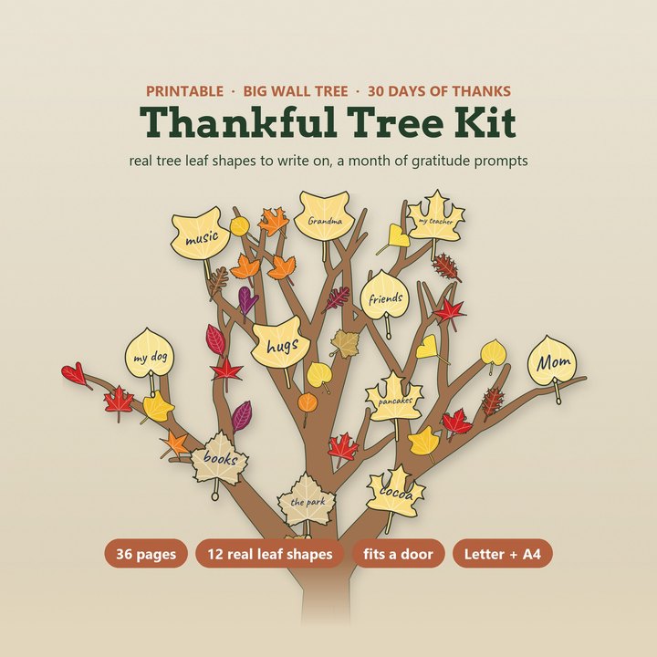 Thankful tree kit with a big printable wall tree covered in paper leaves of thanks