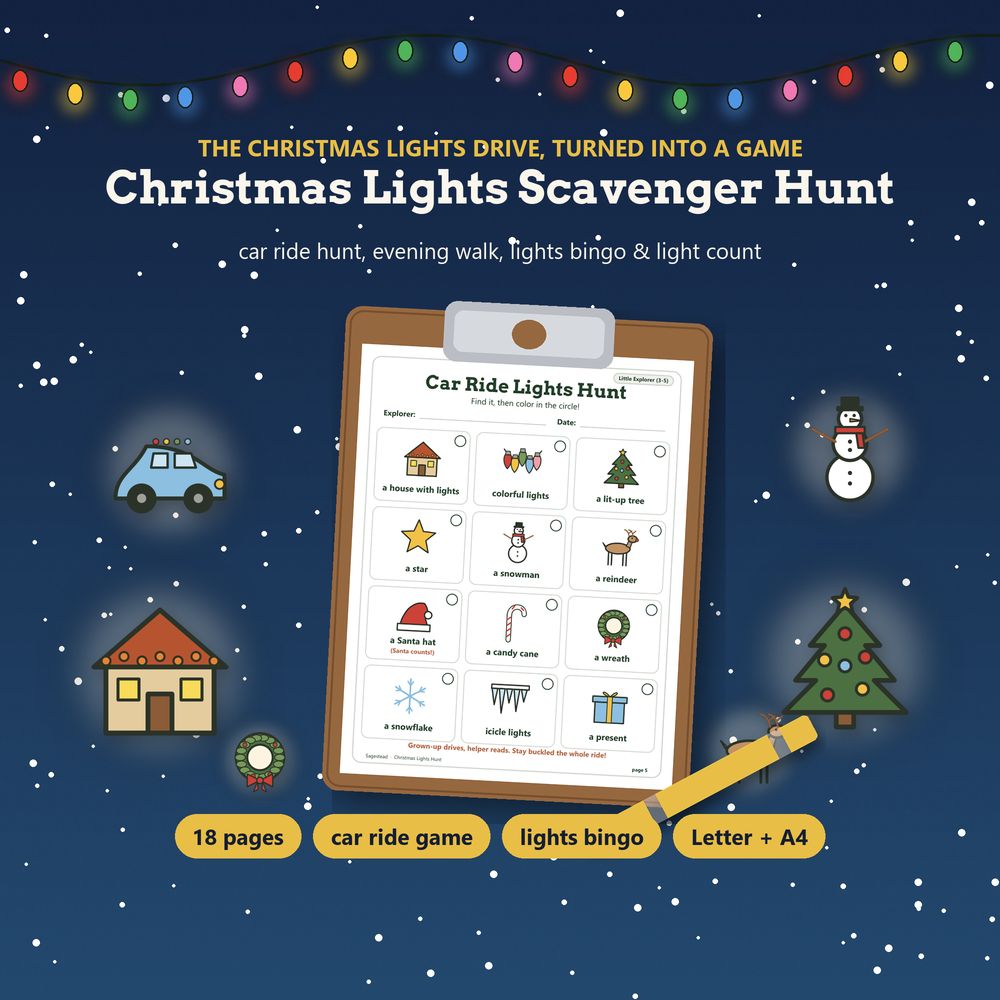 The Sagestead Christmas Lights Scavenger Hunt: picture hunts and bingo for a car ride to see the lights