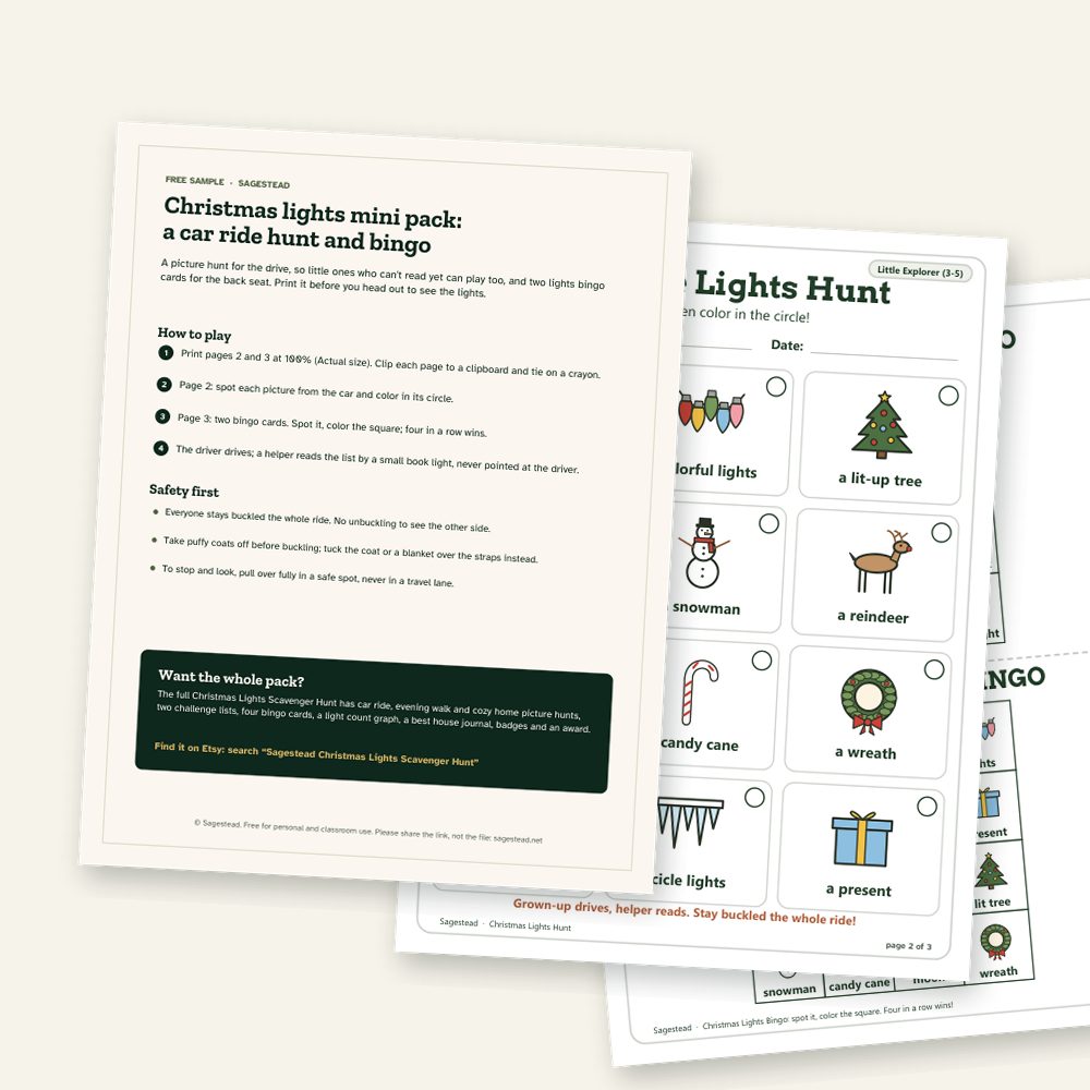 Pages of the free Christmas lights mini pack: a how-to page, a car ride picture hunt and two bingo cards