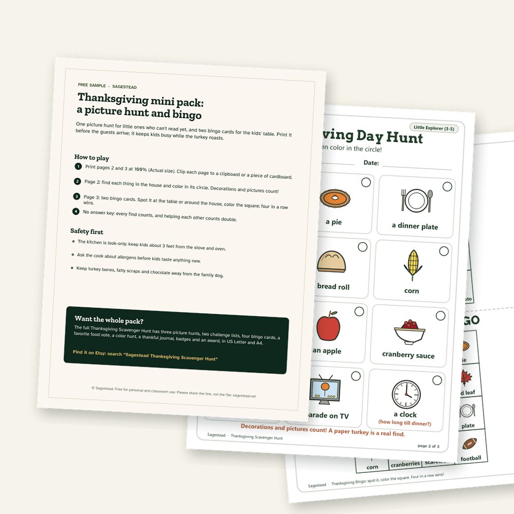 Pages of the free Thanksgiving mini pack: a how-to page, a picture scavenger hunt and two bingo cards
