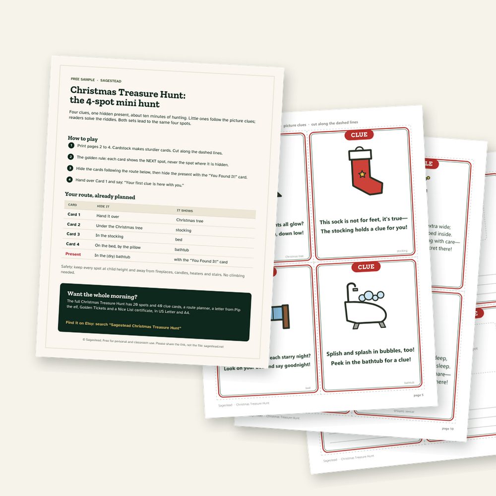 Pages of the free Christmas mini treasure hunt: the route page, picture clues, riddle clues and the last card